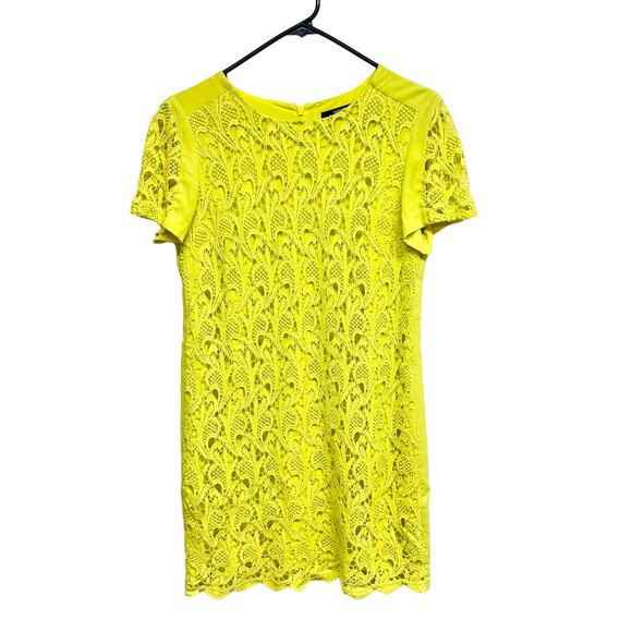Oasis Women Neon Yellow Short Sleeve Lace Front Mini Dress 12/38 - Picture 1 of 3